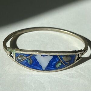 Vintage Alpaca Mexico Silver Abalone Inlay Hinge Bangle Bracelet